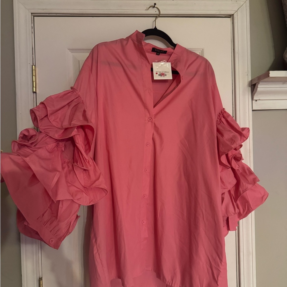 Pink Ruffled Sleeve Women's Dress